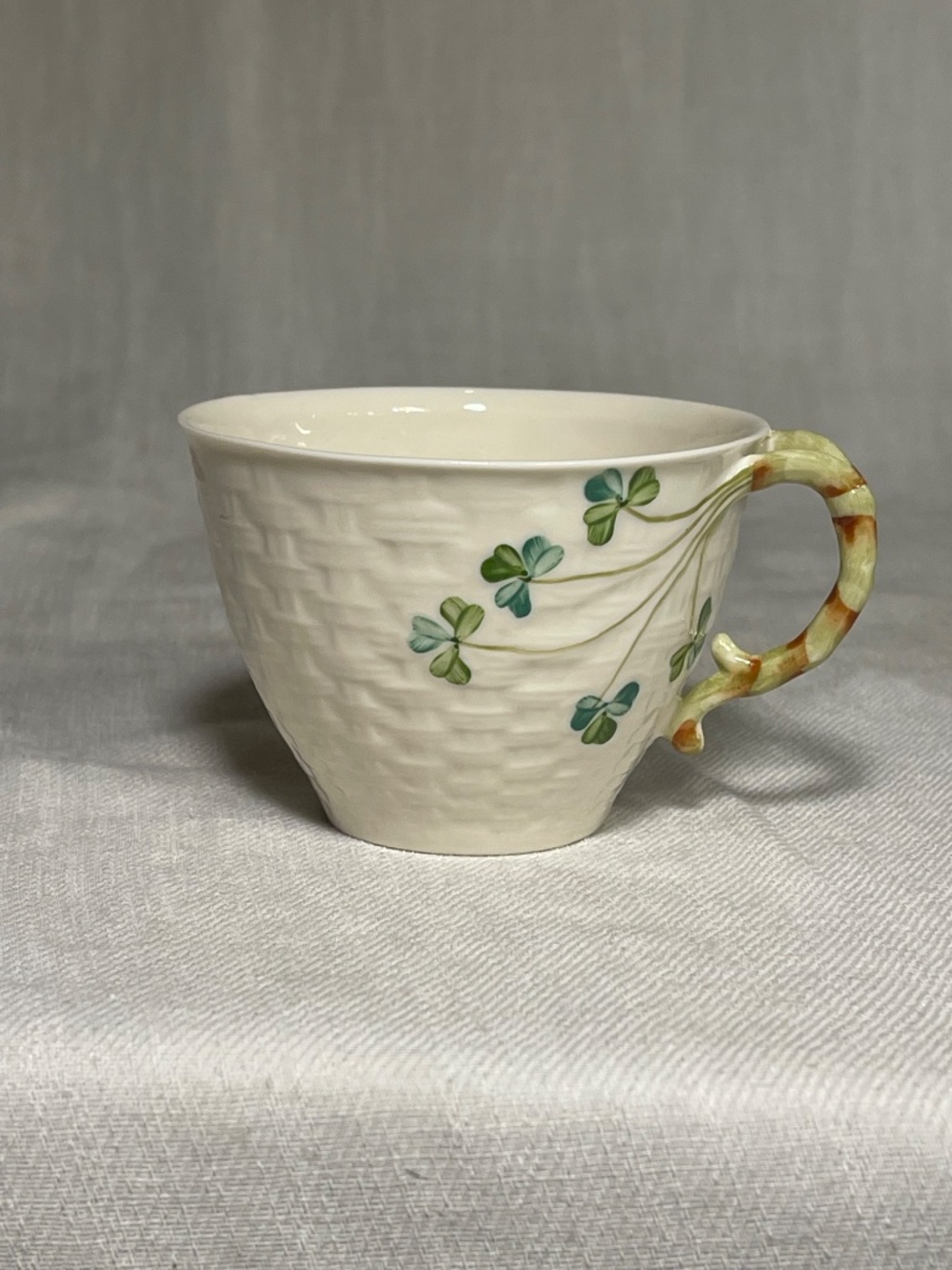 Irish Fine Belleek Shamrock Cup Cream Ceramic Tea Cup with Green Clover Motif